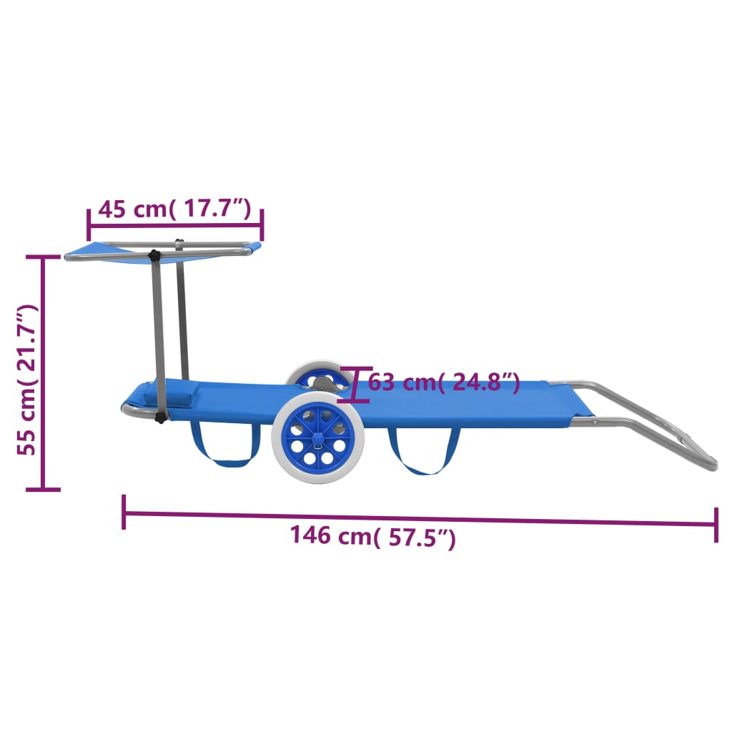Folding sun lounger with canopy and wheels blue steel