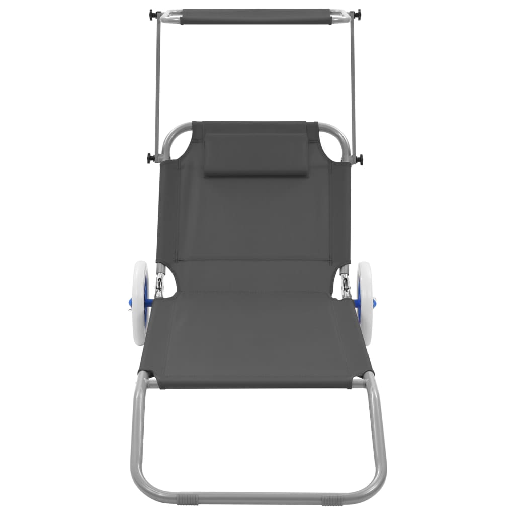 Folding sun lounger with canopy and wheels grey steel