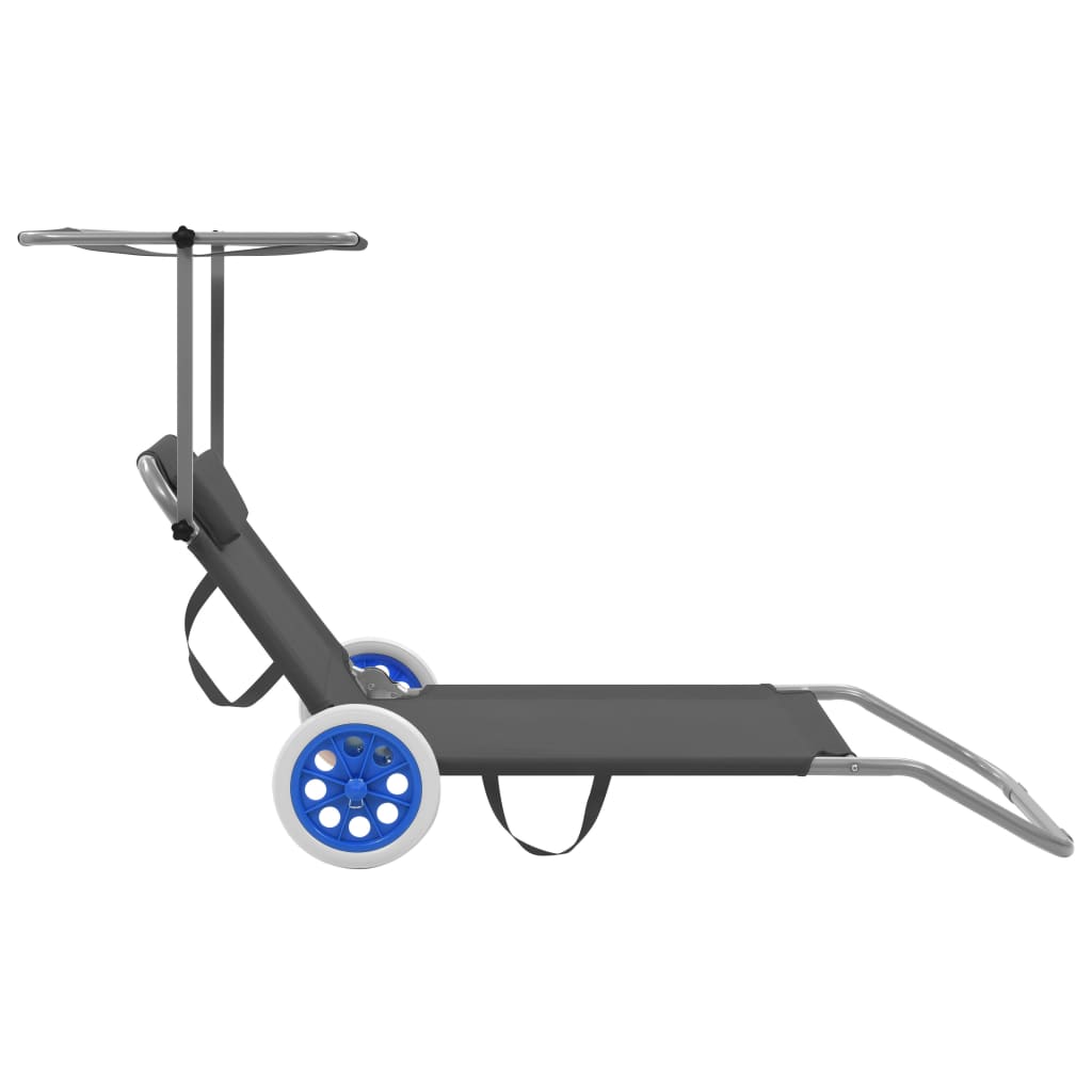 Folding sun lounger with canopy and wheels grey steel