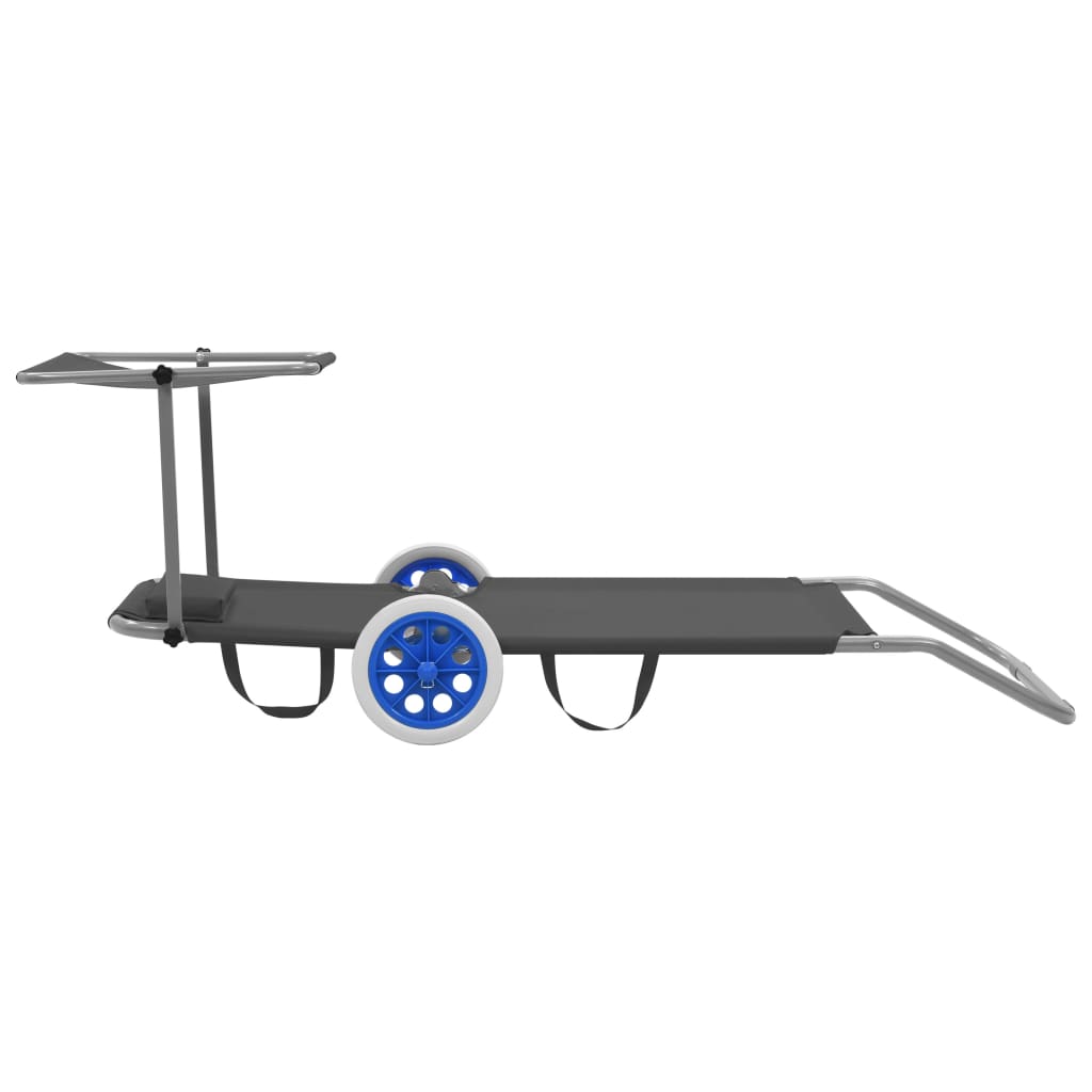 Folding sun lounger with canopy and wheels grey steel