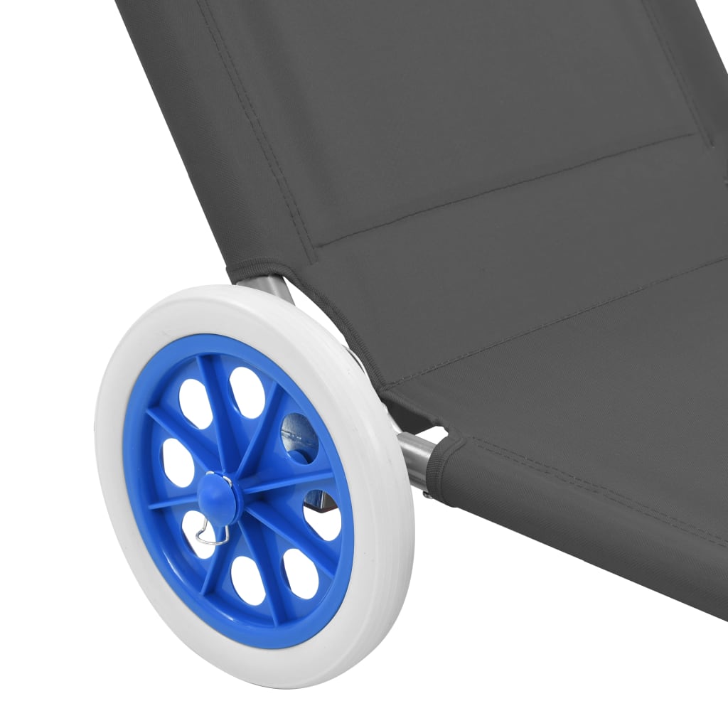 Folding sun lounger with canopy and wheels grey steel