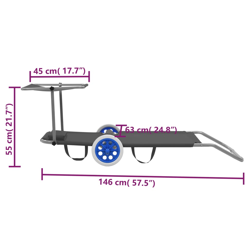 Folding sun lounger with canopy and wheels grey steel