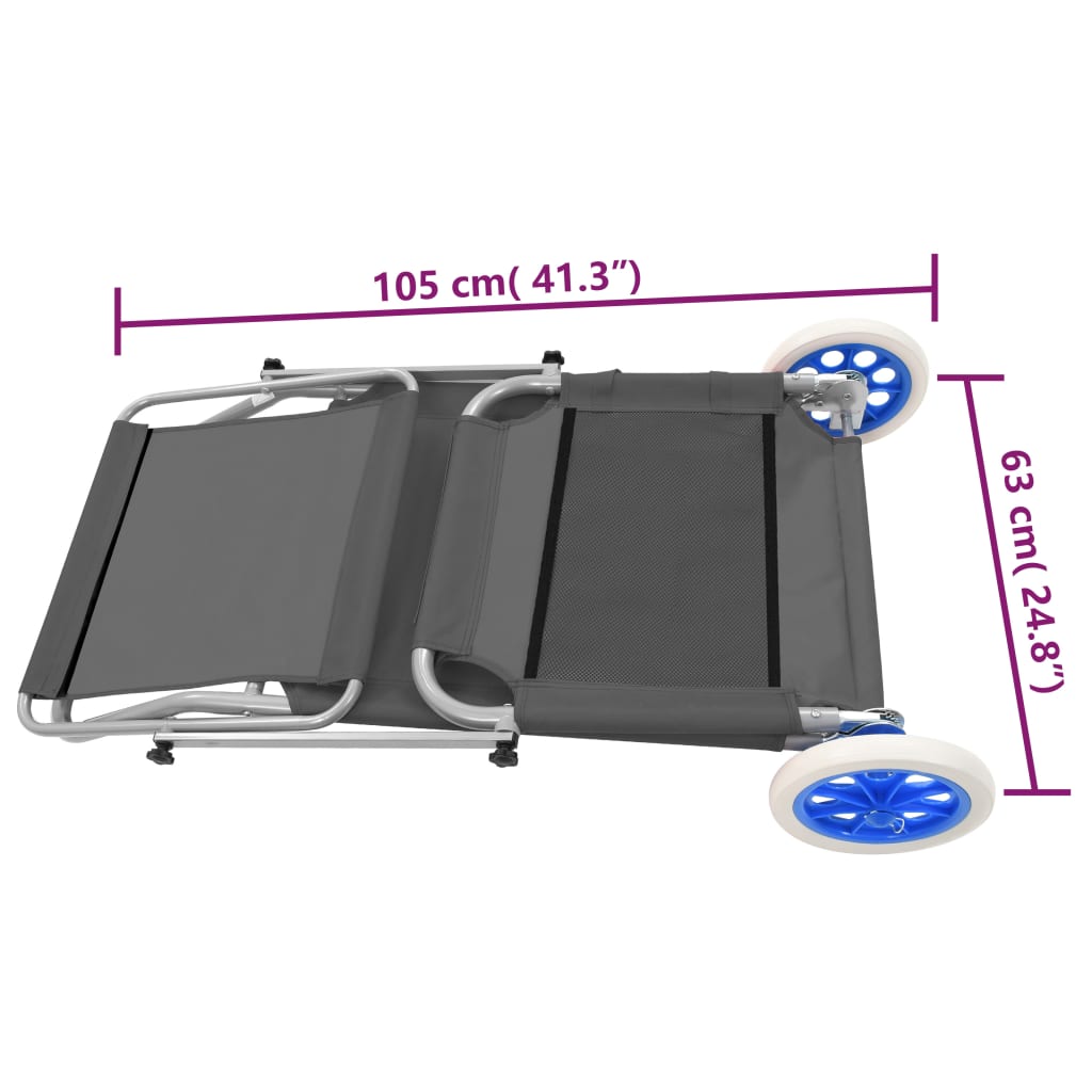 Folding sun lounger with canopy and wheels grey steel