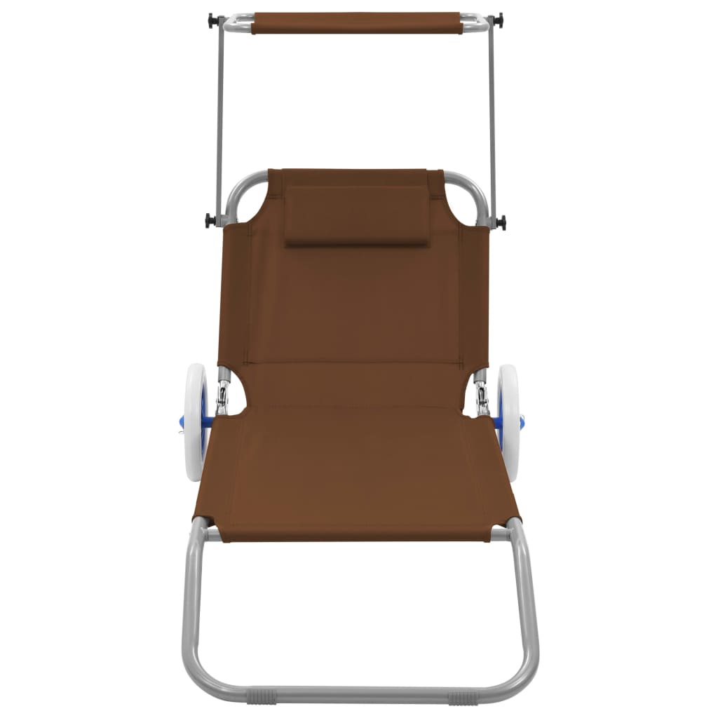 Folding sun lounger with canopy and wheels, grey-brown steel
