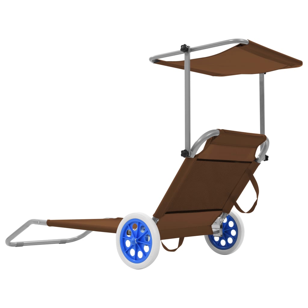Folding sun lounger with canopy and wheels, grey-brown steel
