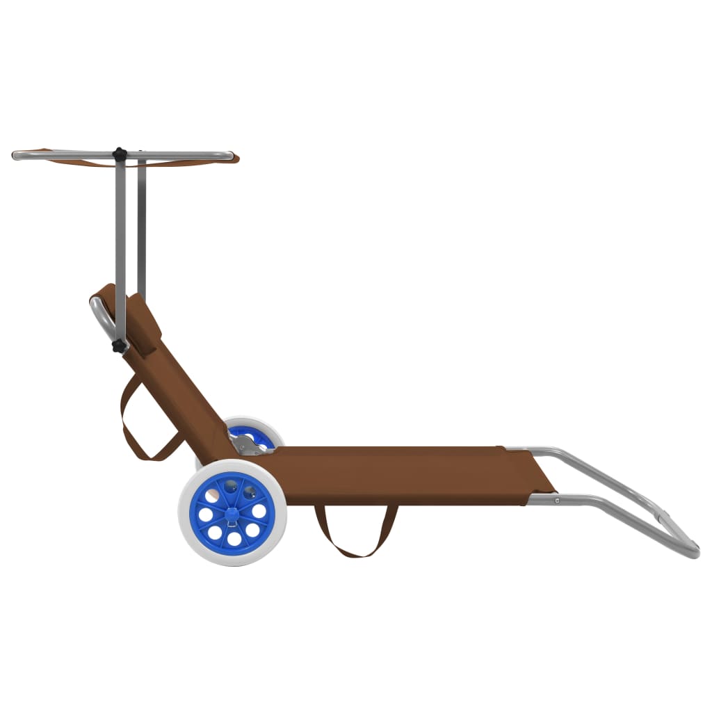 Folding sun lounger with canopy and wheels, grey-brown steel