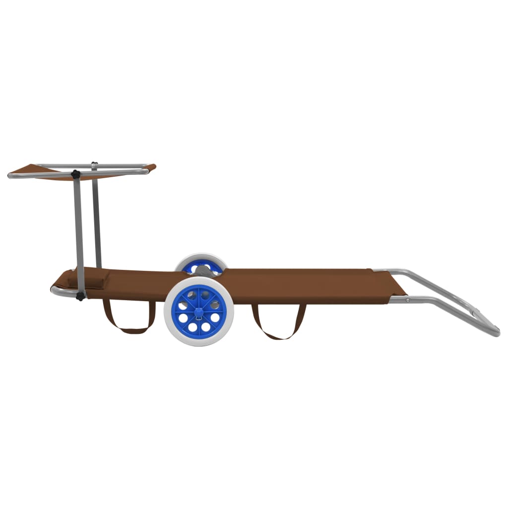 Folding sun lounger with canopy and wheels, grey-brown steel