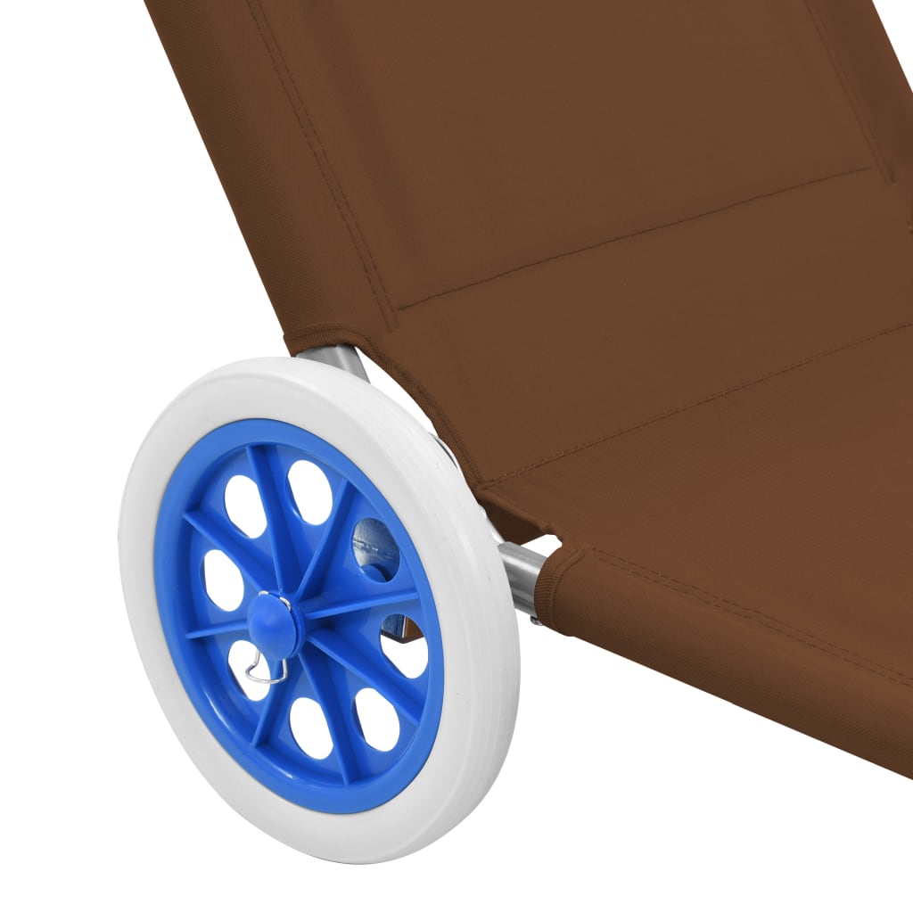 Folding sun lounger with canopy and wheels, grey-brown steel
