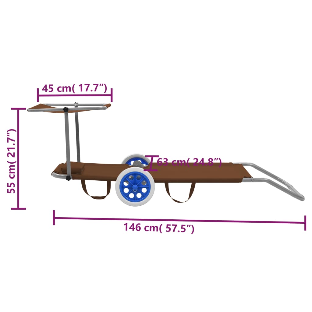 Folding sun lounger with canopy and wheels, grey-brown steel