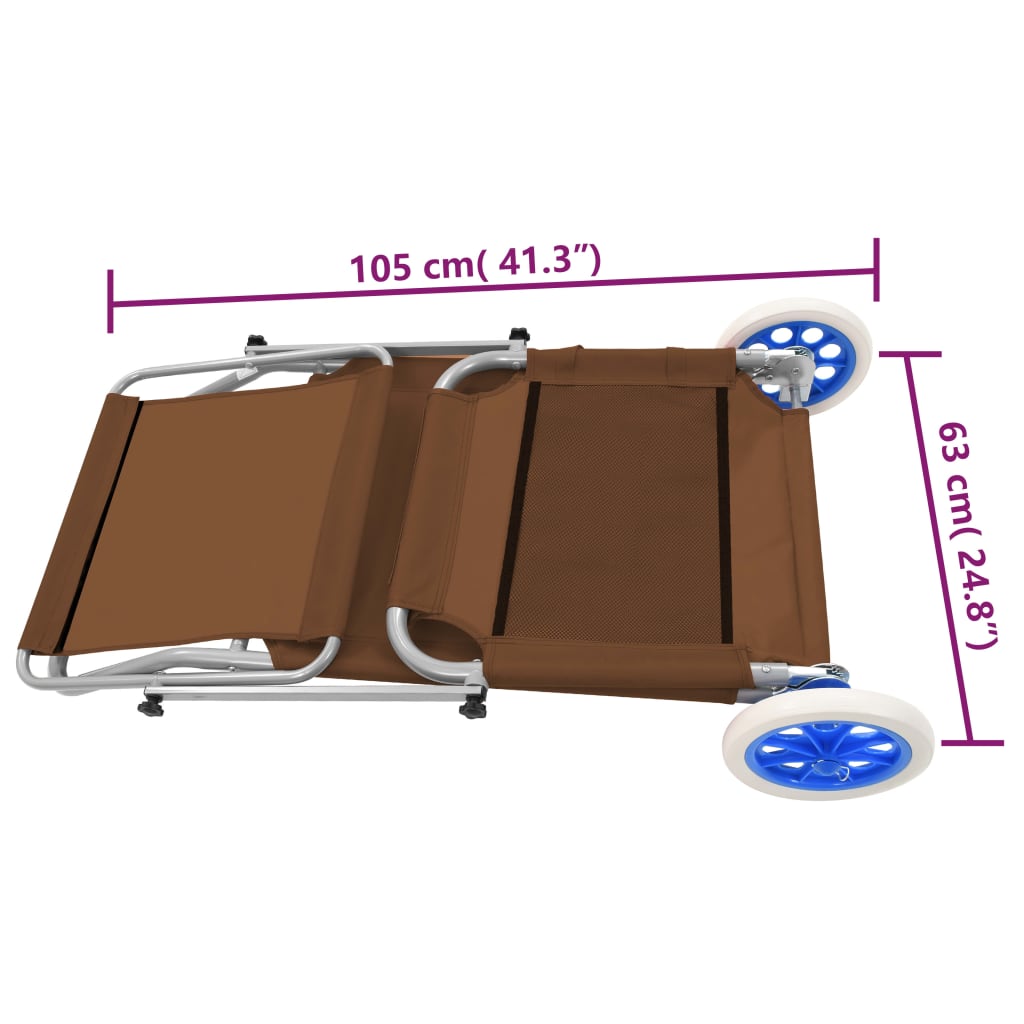 Folding sun lounger with canopy and wheels, grey-brown steel