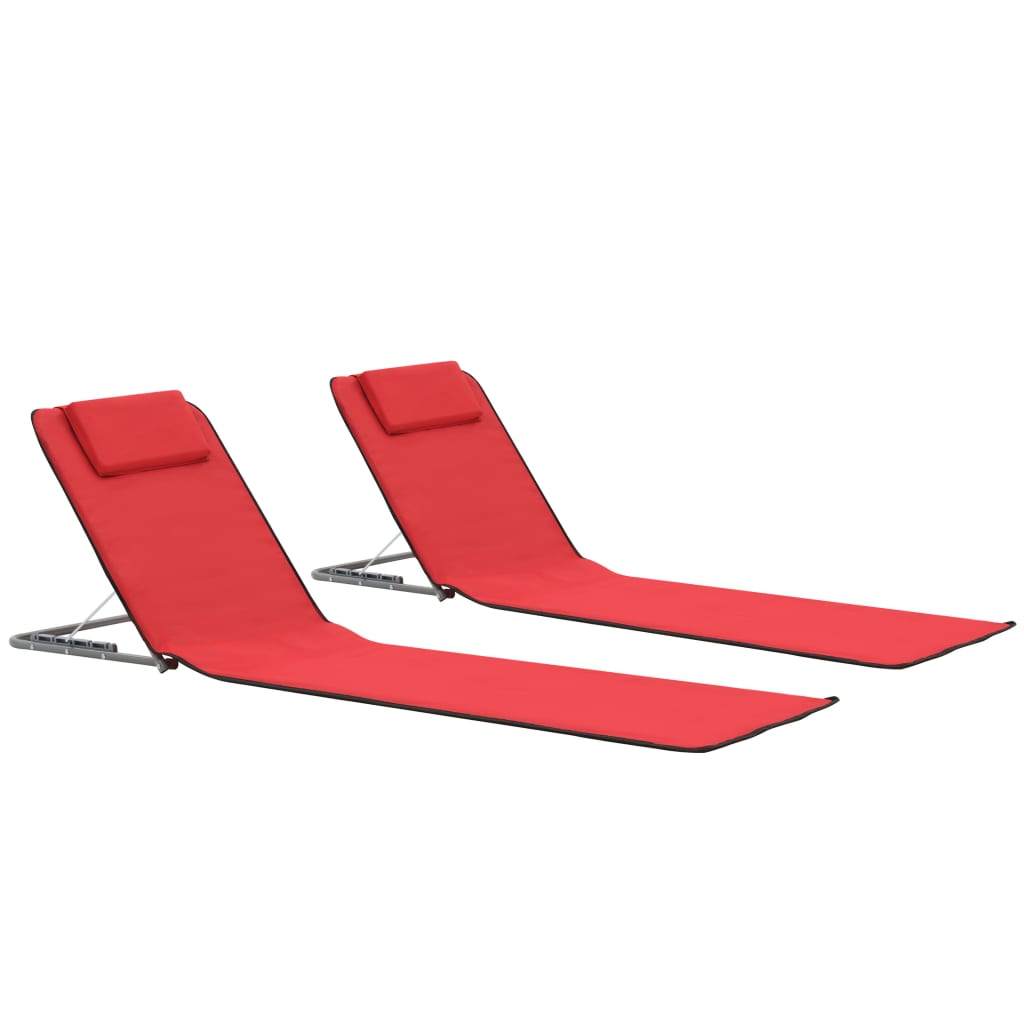 Folding Beach Mattresses 2 pcs Steel and Red Fabric