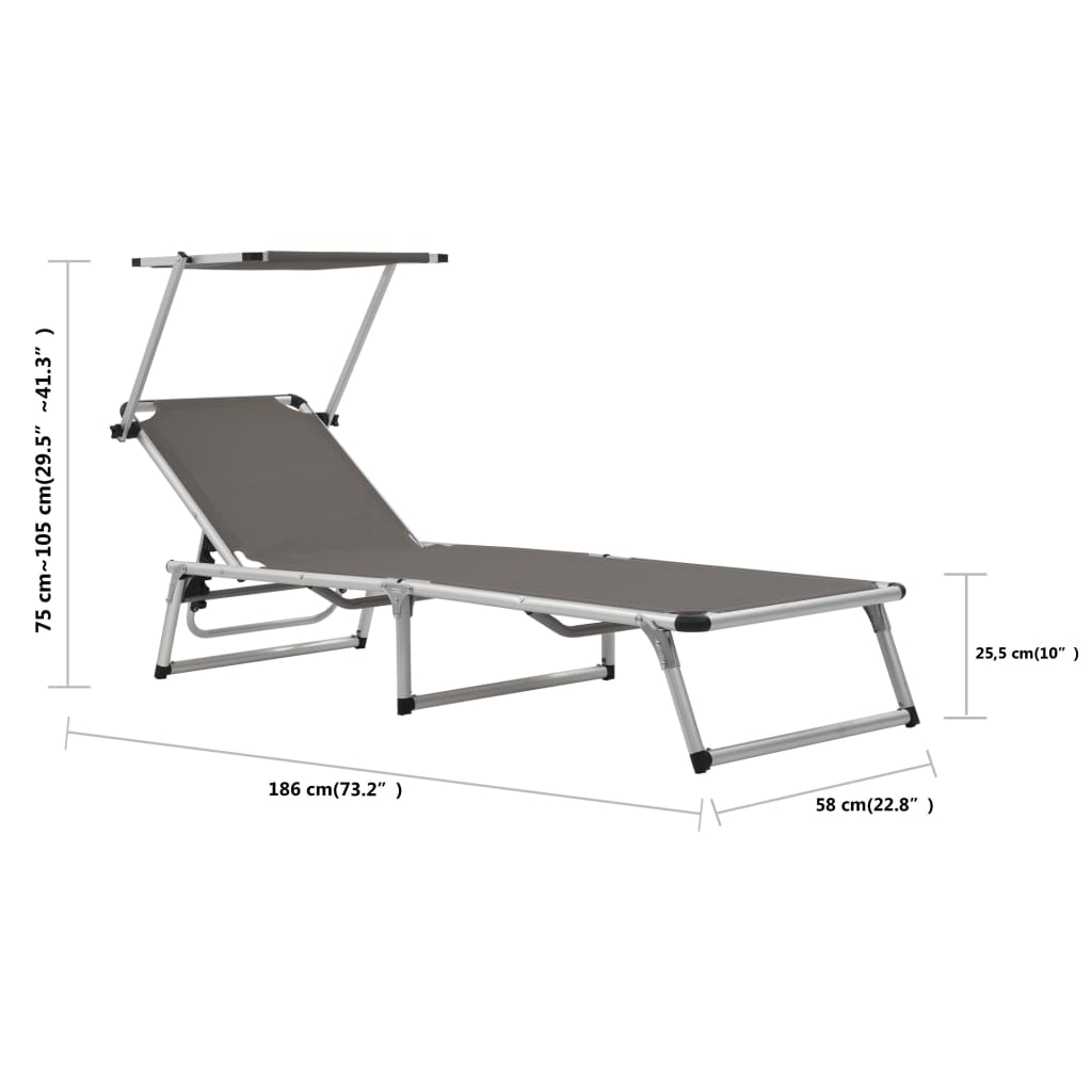 Folding sun lounger with aluminum roof and gray textilene