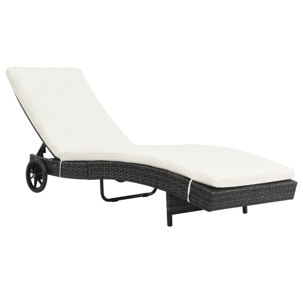Sun lounger with wheels and cushion in black PE wicker