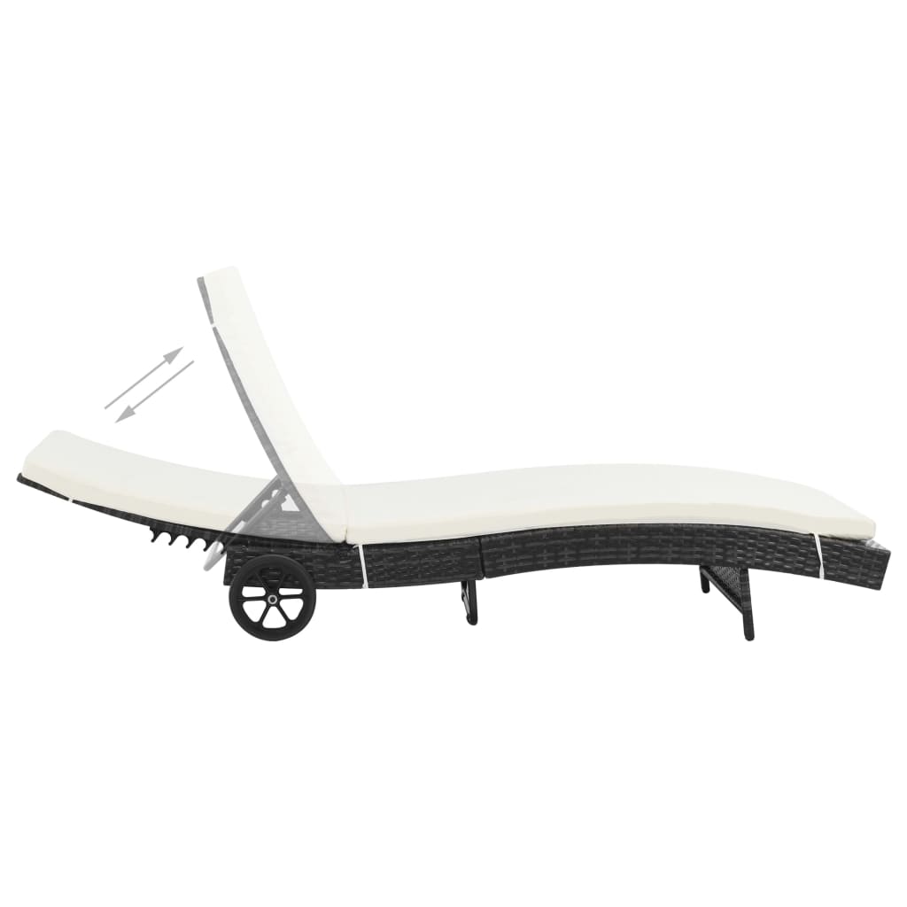 Sun lounger with wheels and cushion in black PE wicker