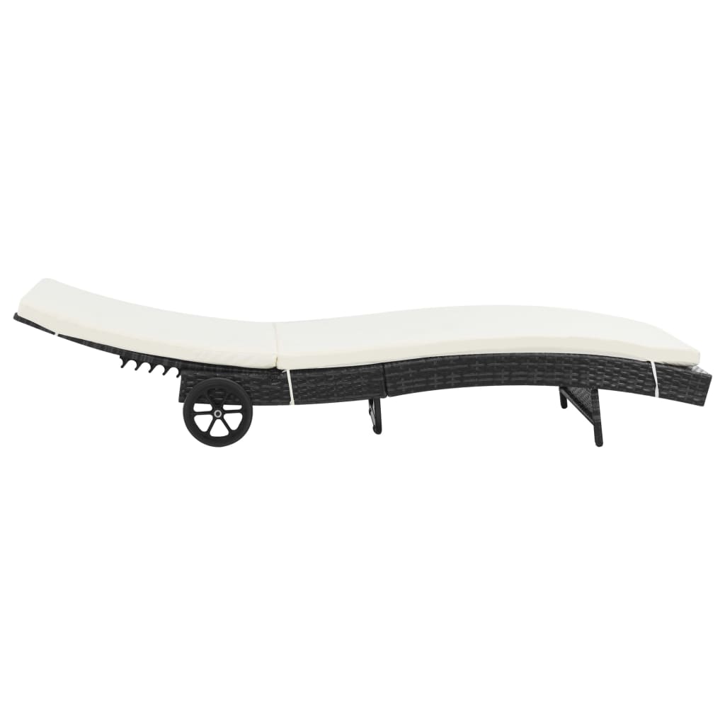 Sun lounger with wheels and cushion in black PE wicker