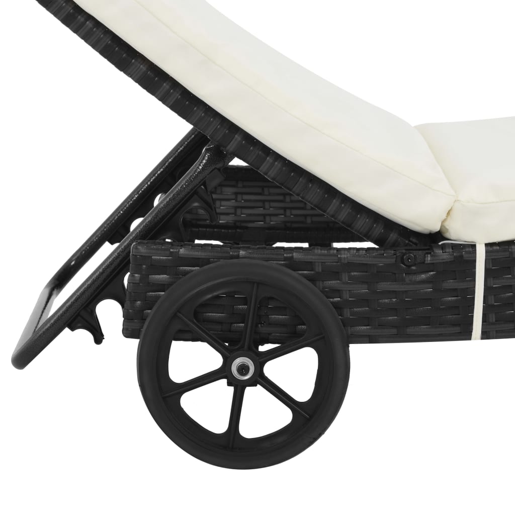Sun lounger with wheels and cushion in black PE wicker