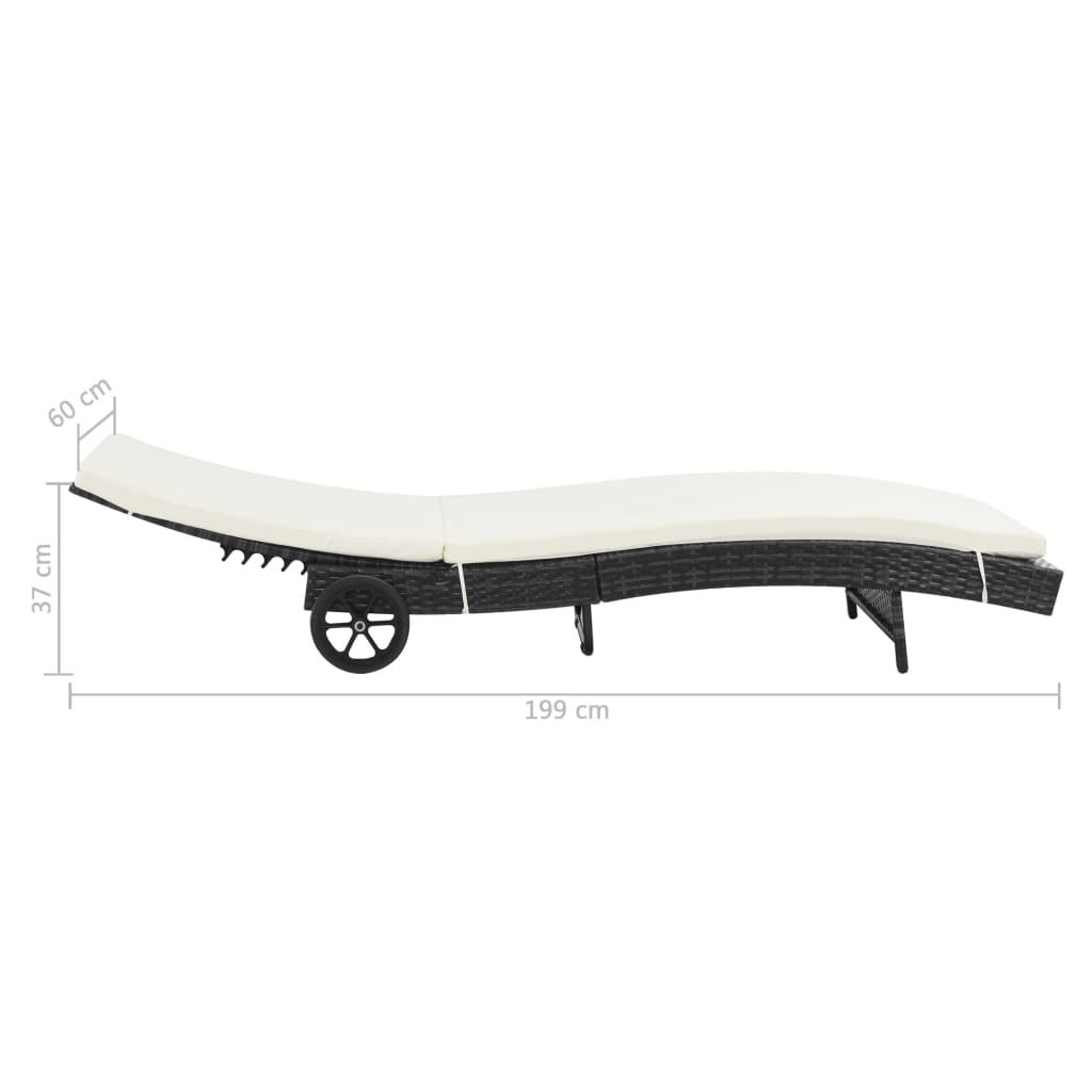 Sun lounger with wheels and cushion in black PE wicker