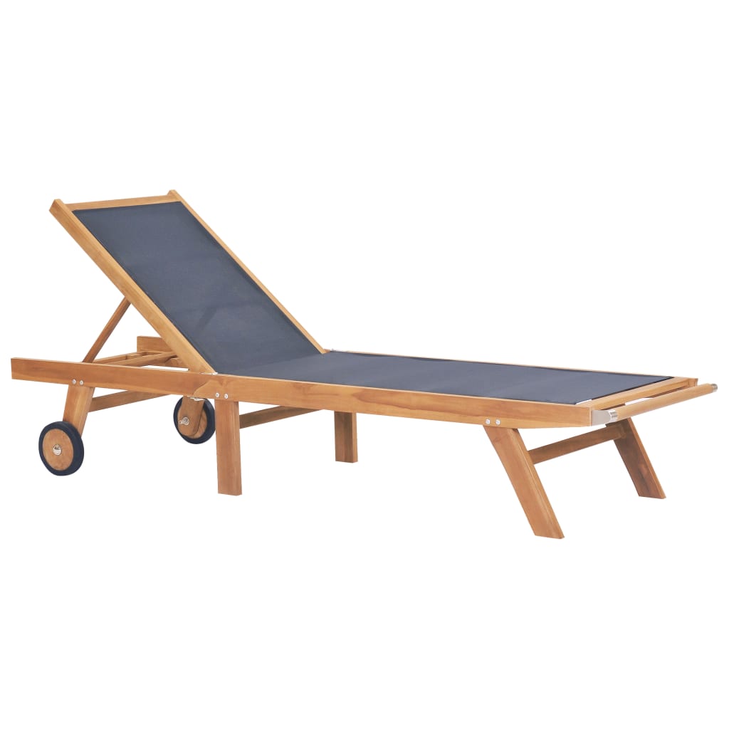 Folding sun lounger with wheels solid teak and textilene