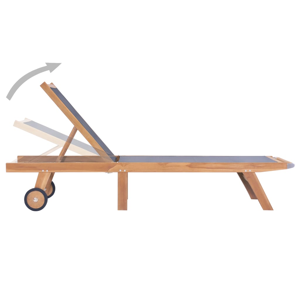 Folding sun lounger with wheels solid teak and textilene