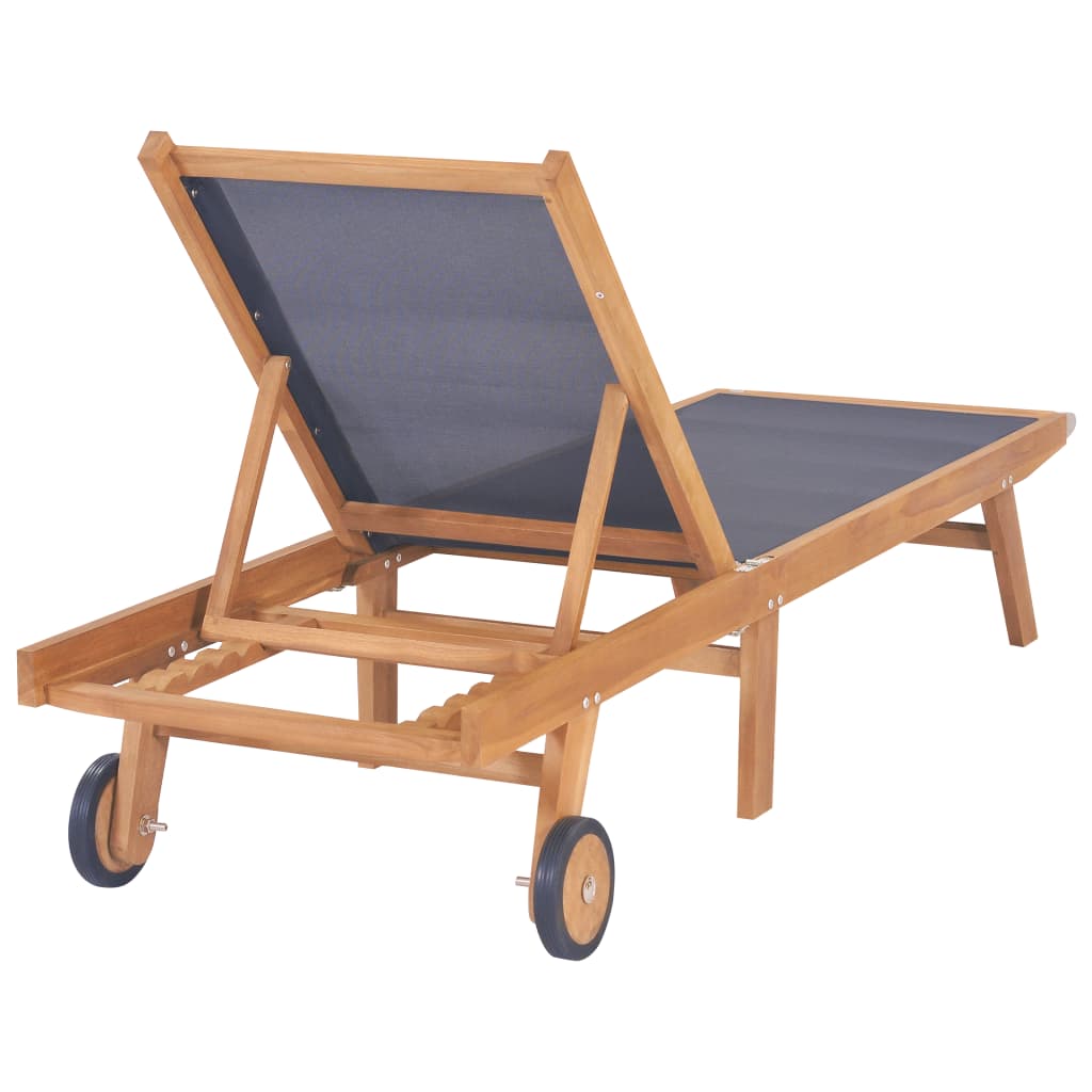 Folding sun lounger with wheels solid teak and textilene