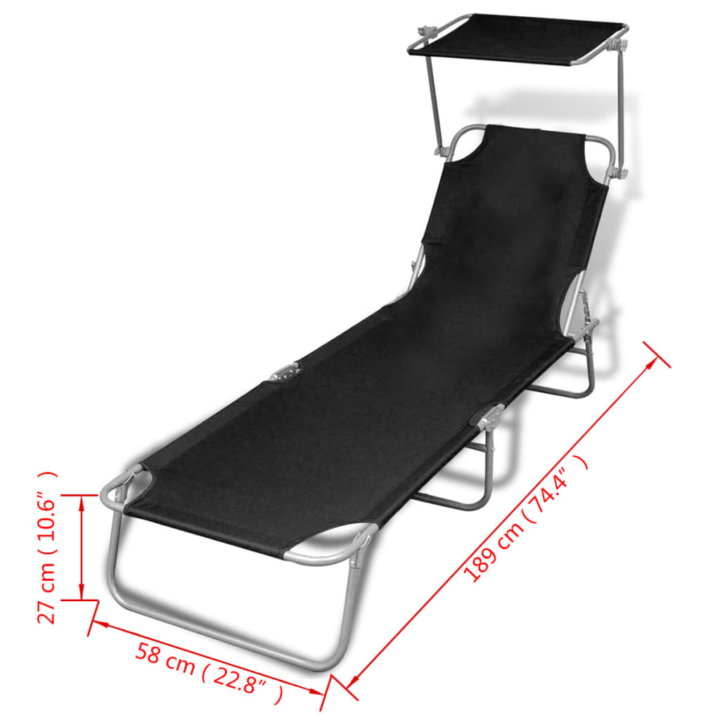 Folding sun lounger with steel and black fabric canopy
