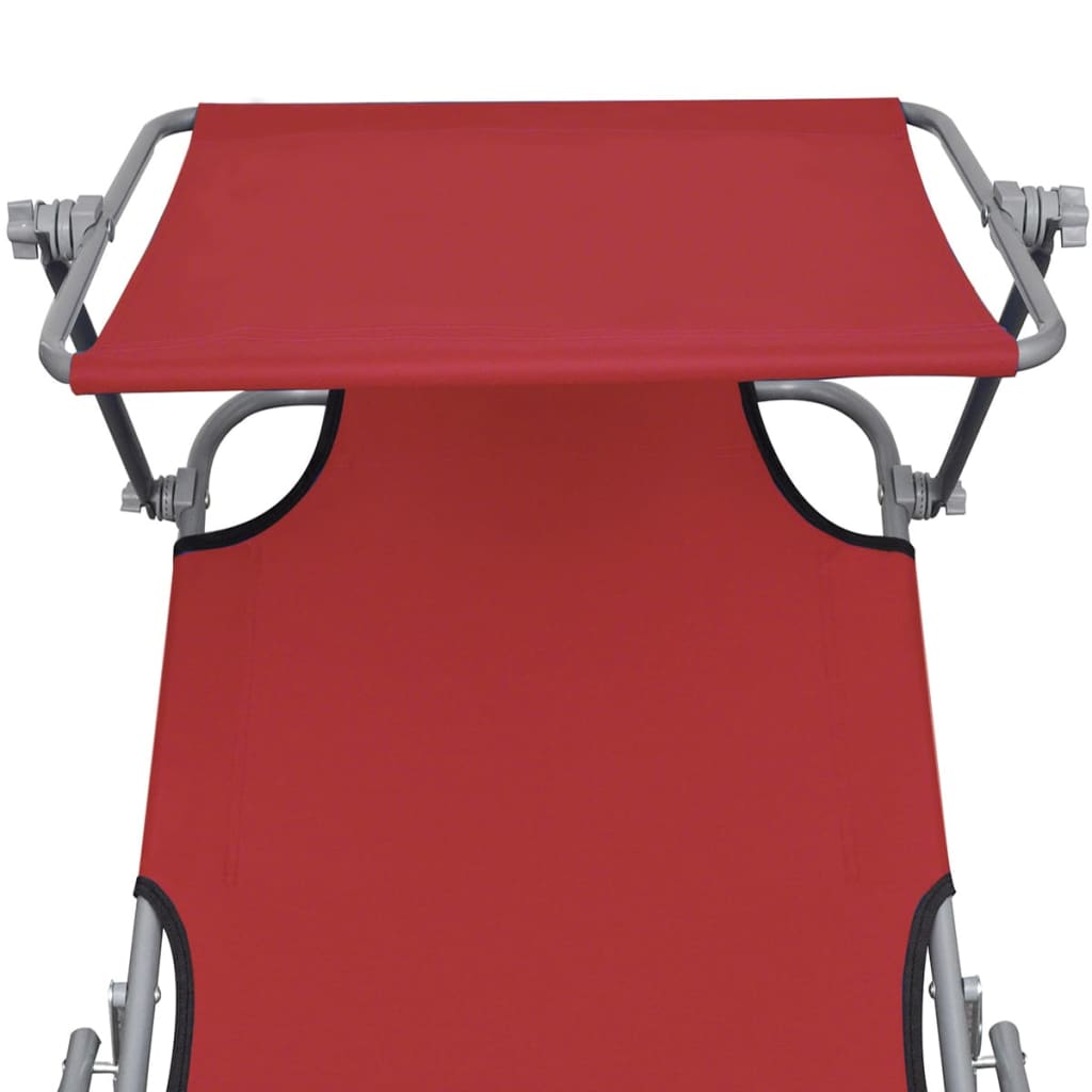 Folding sun lounger with steel canopy and red fabric
