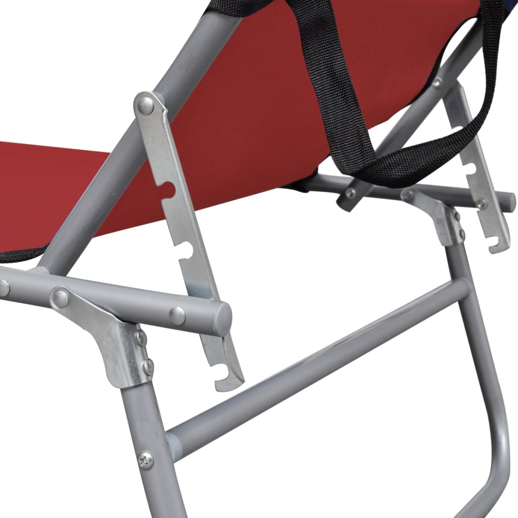 Folding sun lounger with steel canopy and red fabric