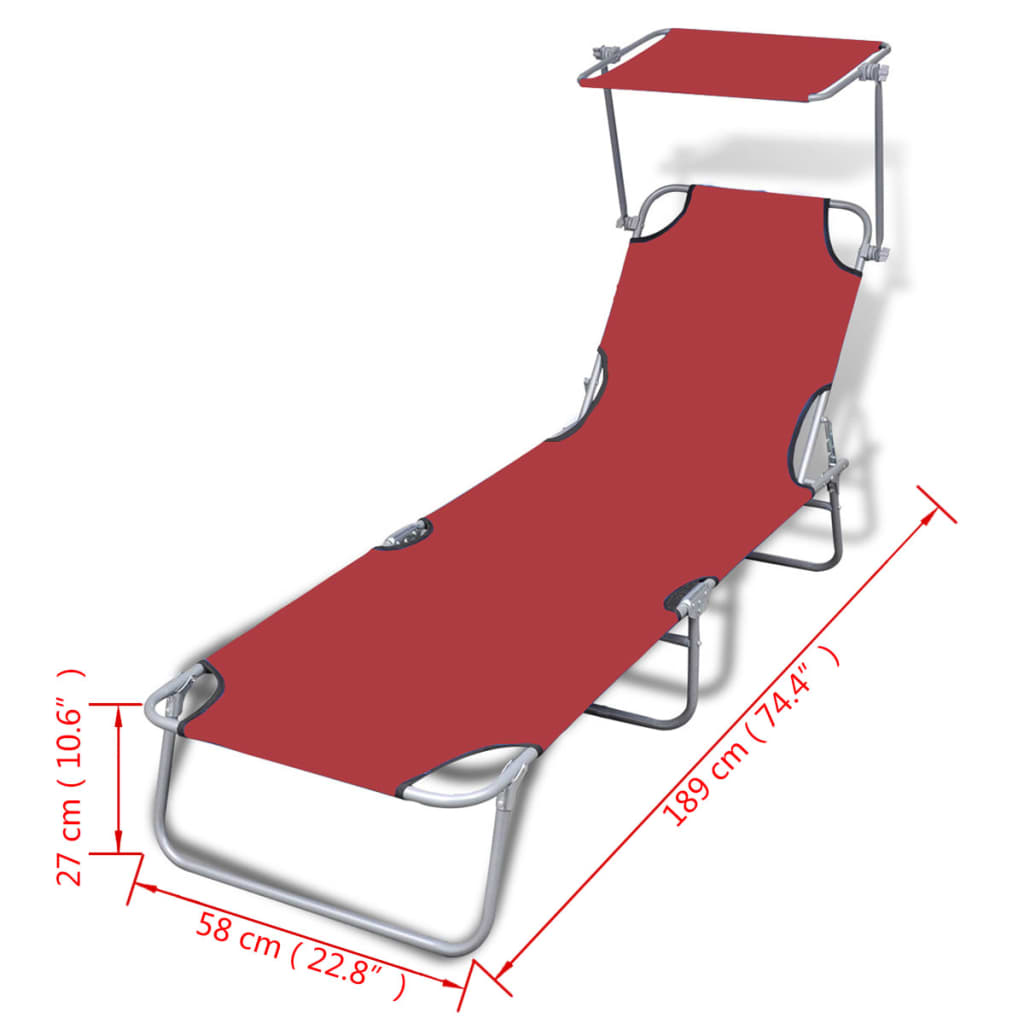 Folding sun lounger with steel canopy and red fabric