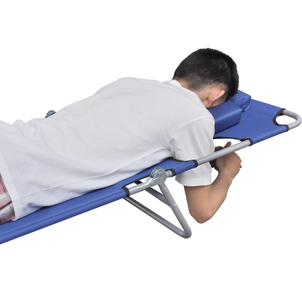 Folding sun lounger with head cushion, blue coated steel