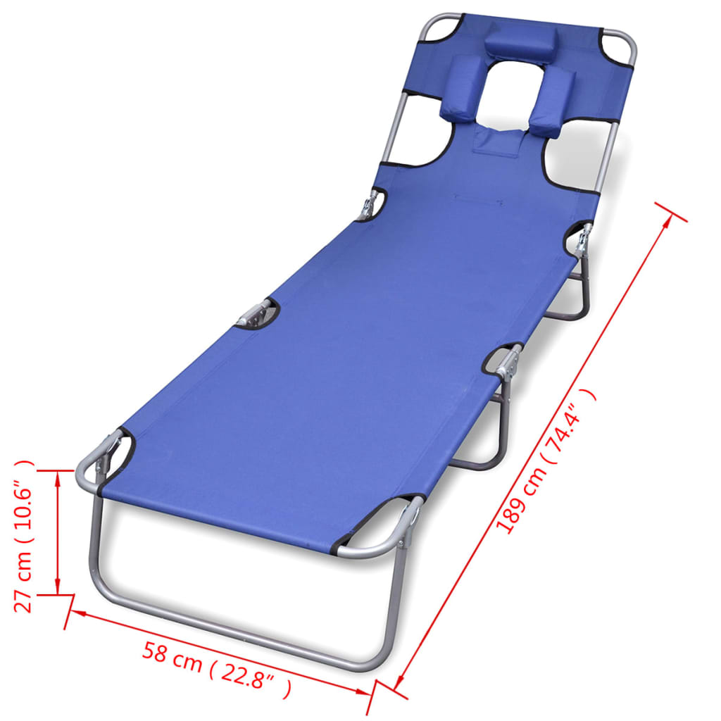 Folding sun lounger with head cushion, blue coated steel