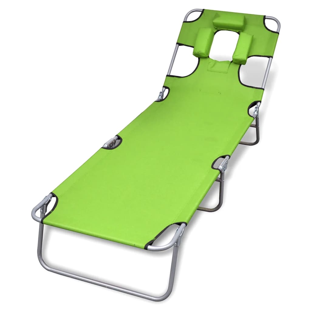 Folding sun lounger with head cushion, green coated steel