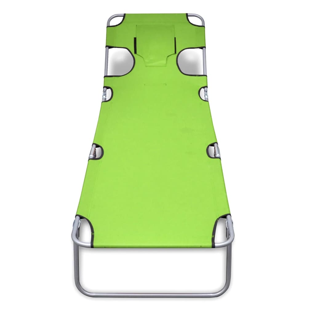 Folding sun lounger with head cushion, green coated steel