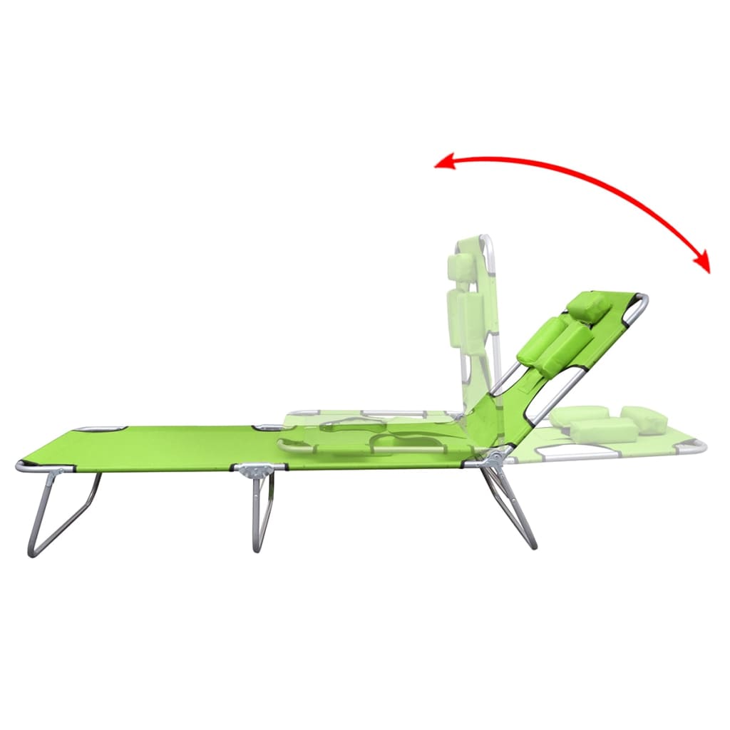 Folding sun lounger with head cushion, green coated steel