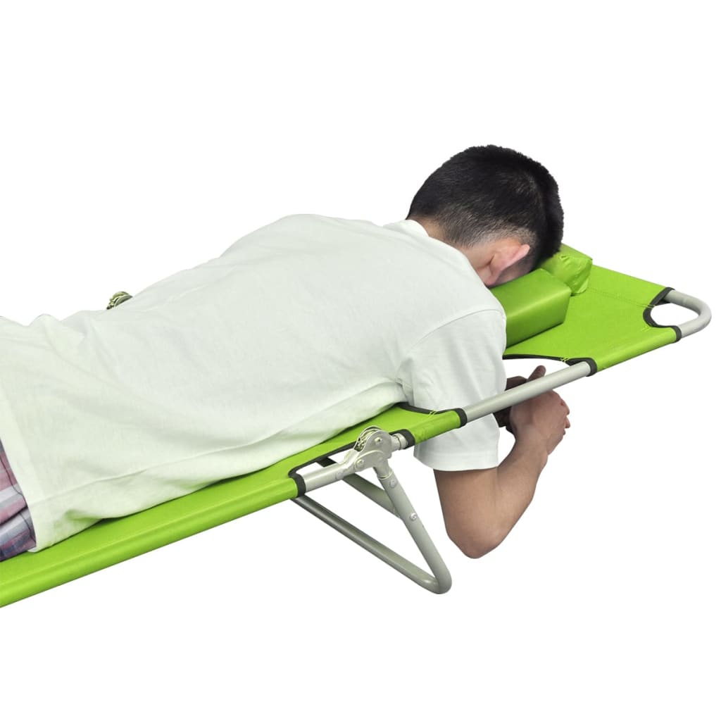 Folding sun lounger with head cushion, green coated steel
