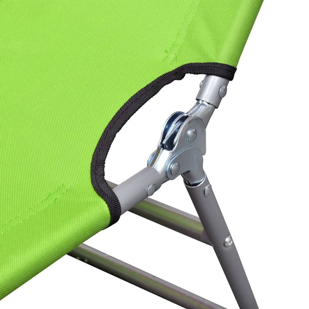 Folding sun lounger with head cushion, green coated steel