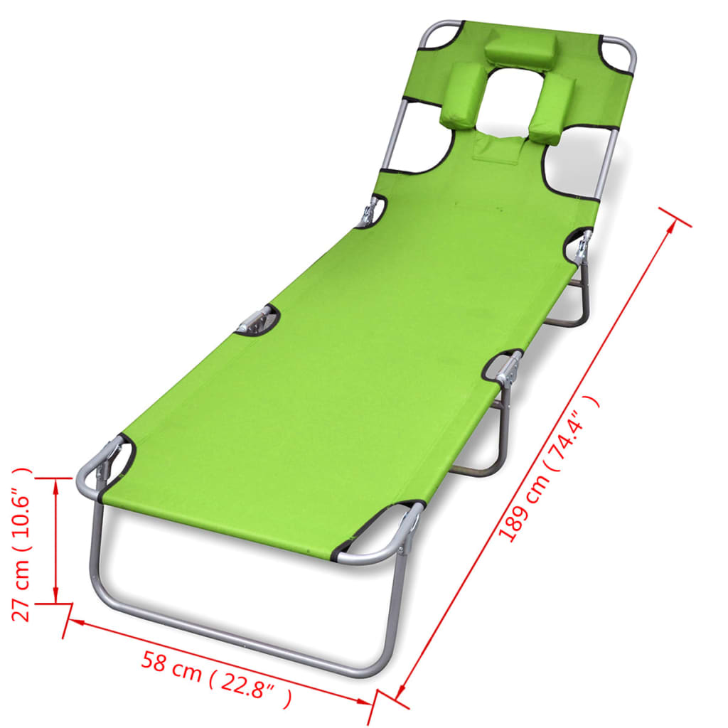 Folding sun lounger with head cushion, green coated steel
