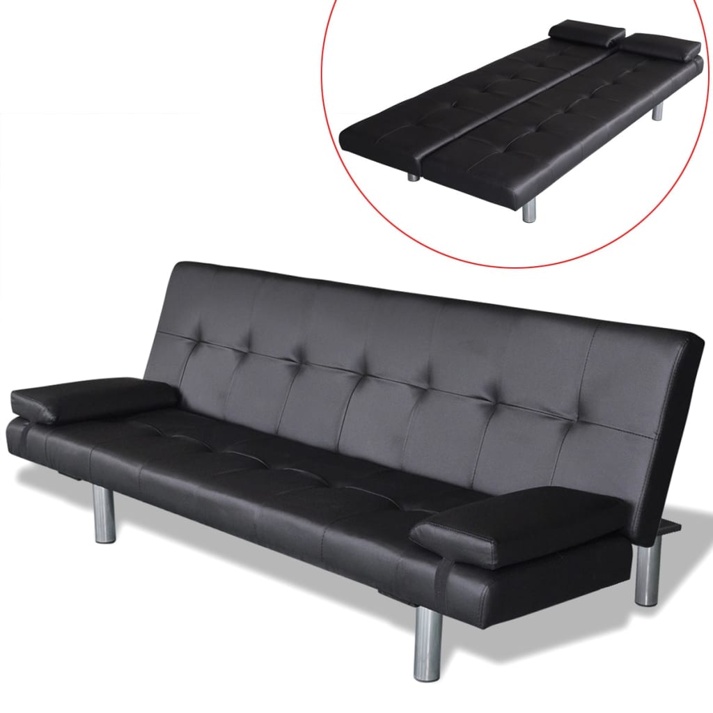 Adjustable sofa bed with 2 cushions in black faux leather