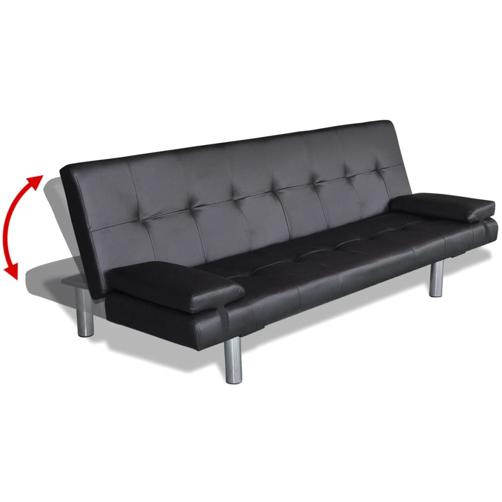 Adjustable sofa bed with 2 cushions in black faux leather