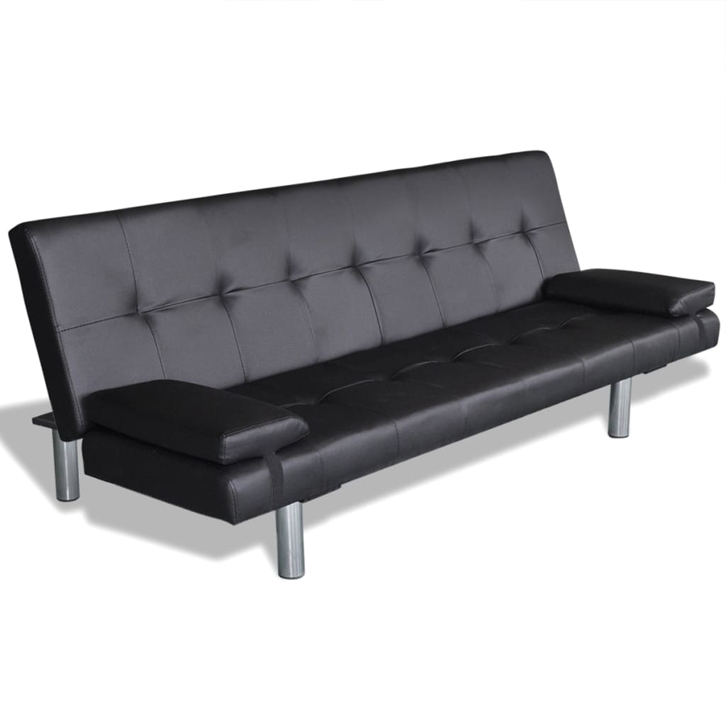 Adjustable sofa bed with 2 cushions in black faux leather
