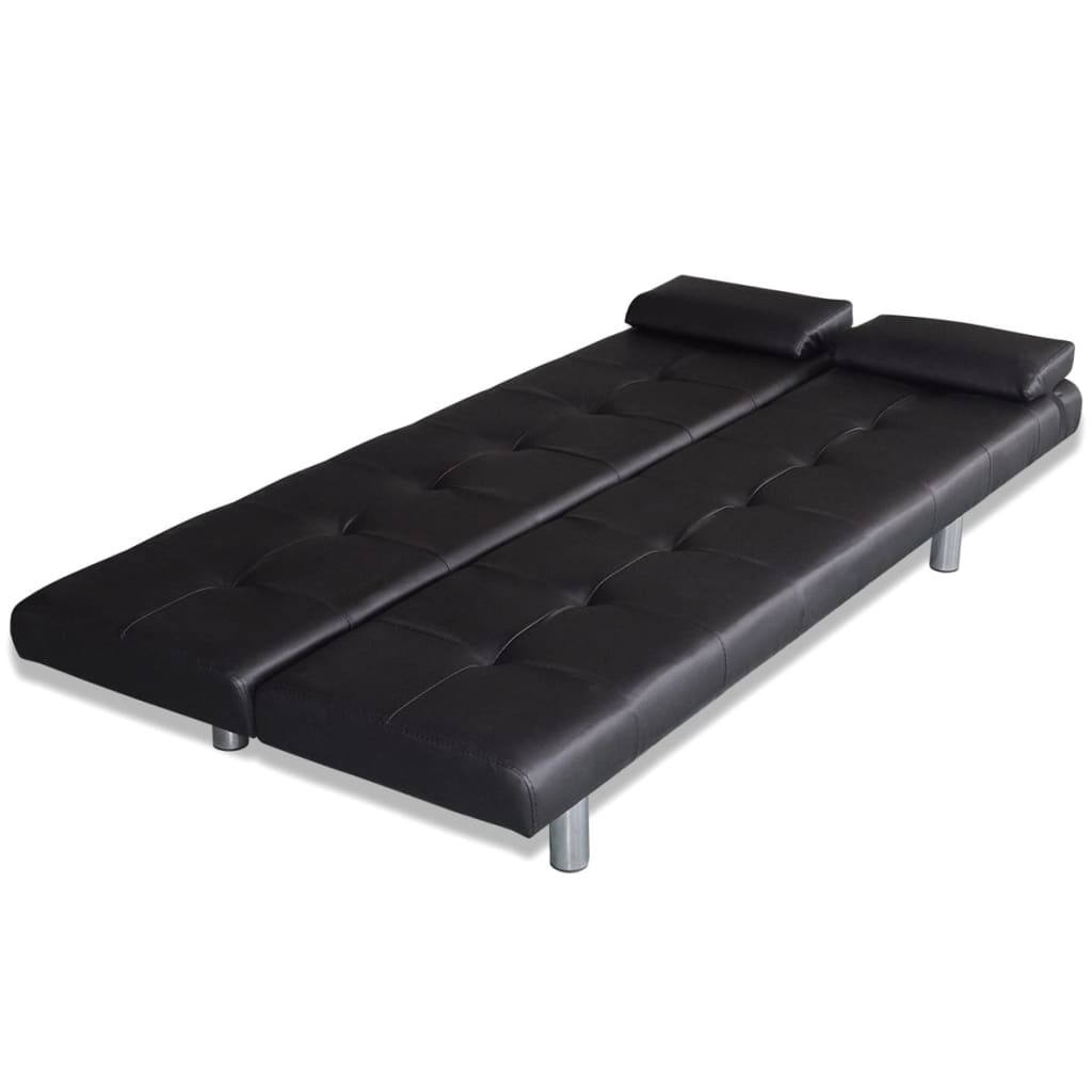 Adjustable sofa bed with 2 cushions in black faux leather
