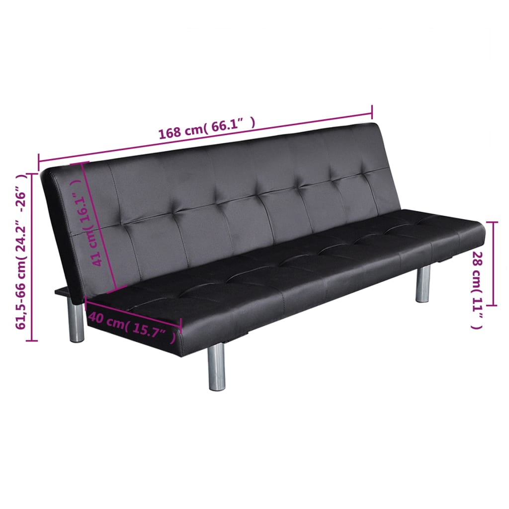 Adjustable sofa bed with 2 cushions in black faux leather