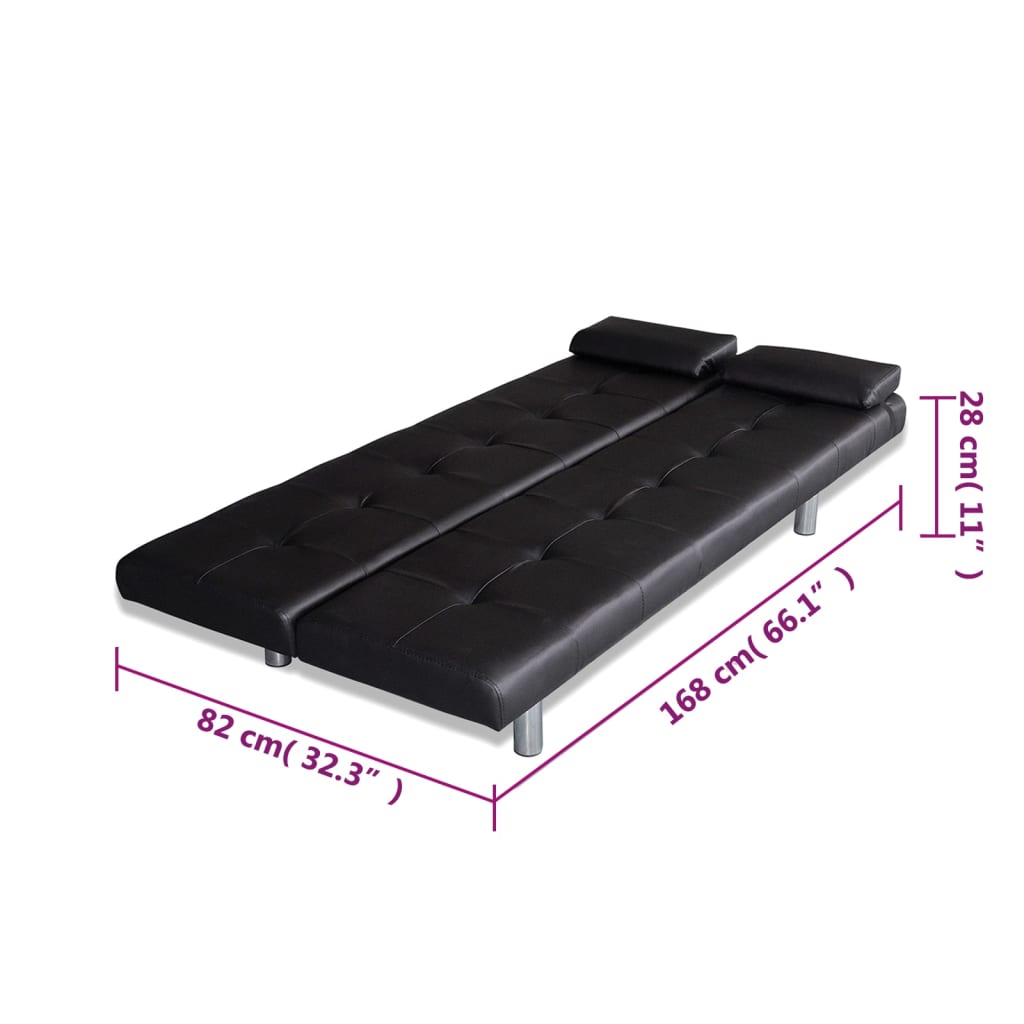 Adjustable sofa bed with 2 cushions in black faux leather