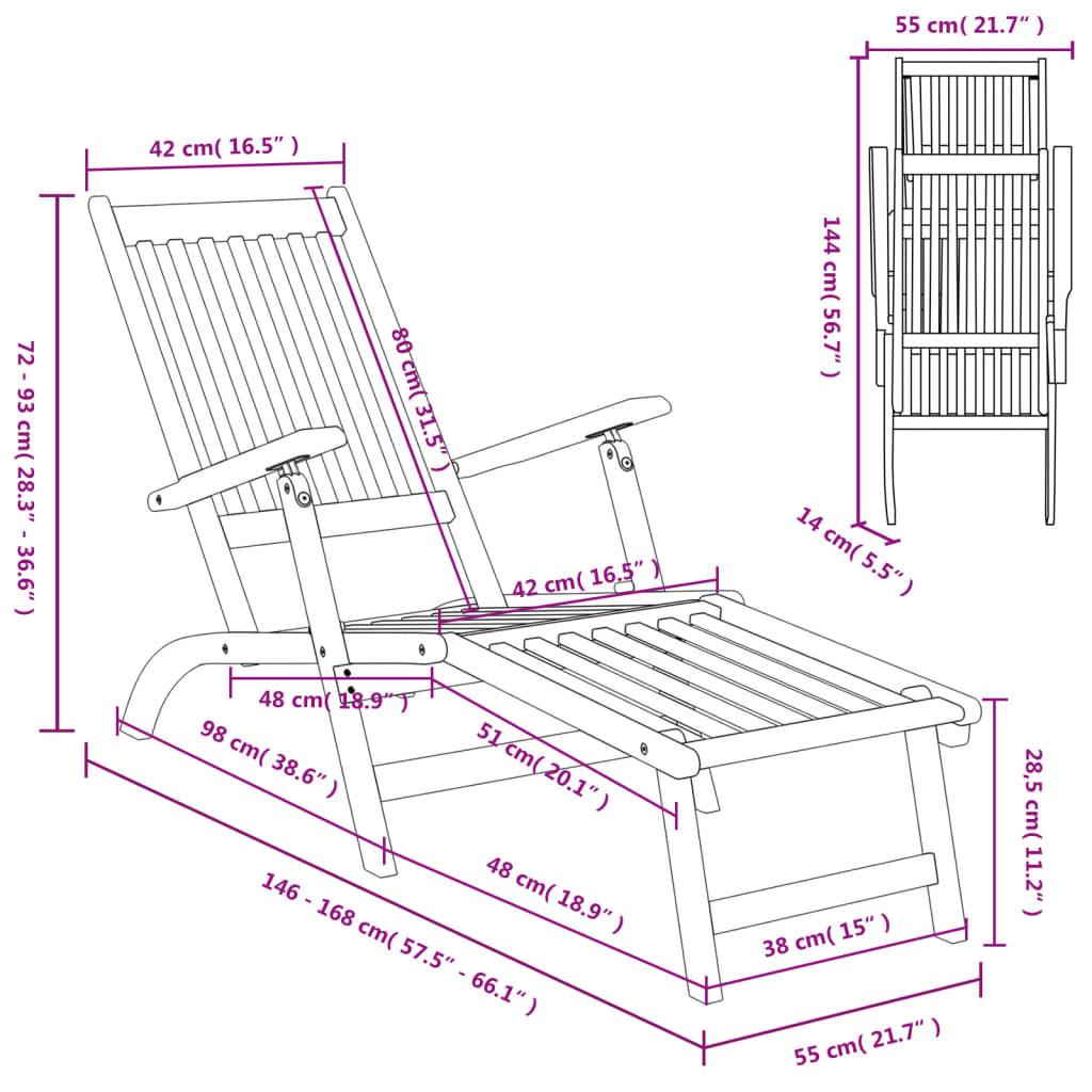 Outdoor sun lounger with footrests in acacia wood