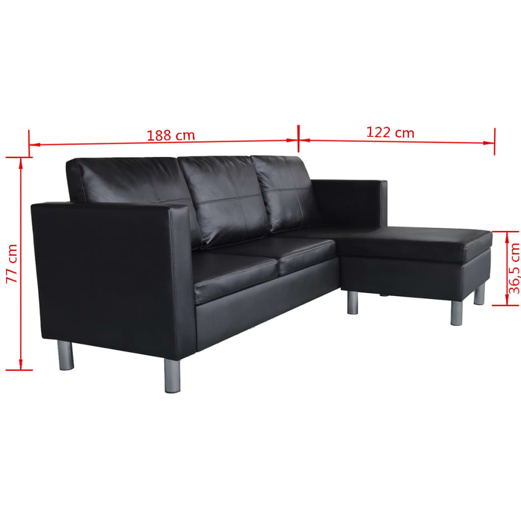 3 Seater Sectional Sofa in Black Faux Leather