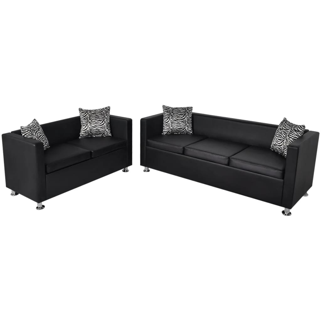 Conjunto de sofás de 2 e 3 lugares couro artificial preto