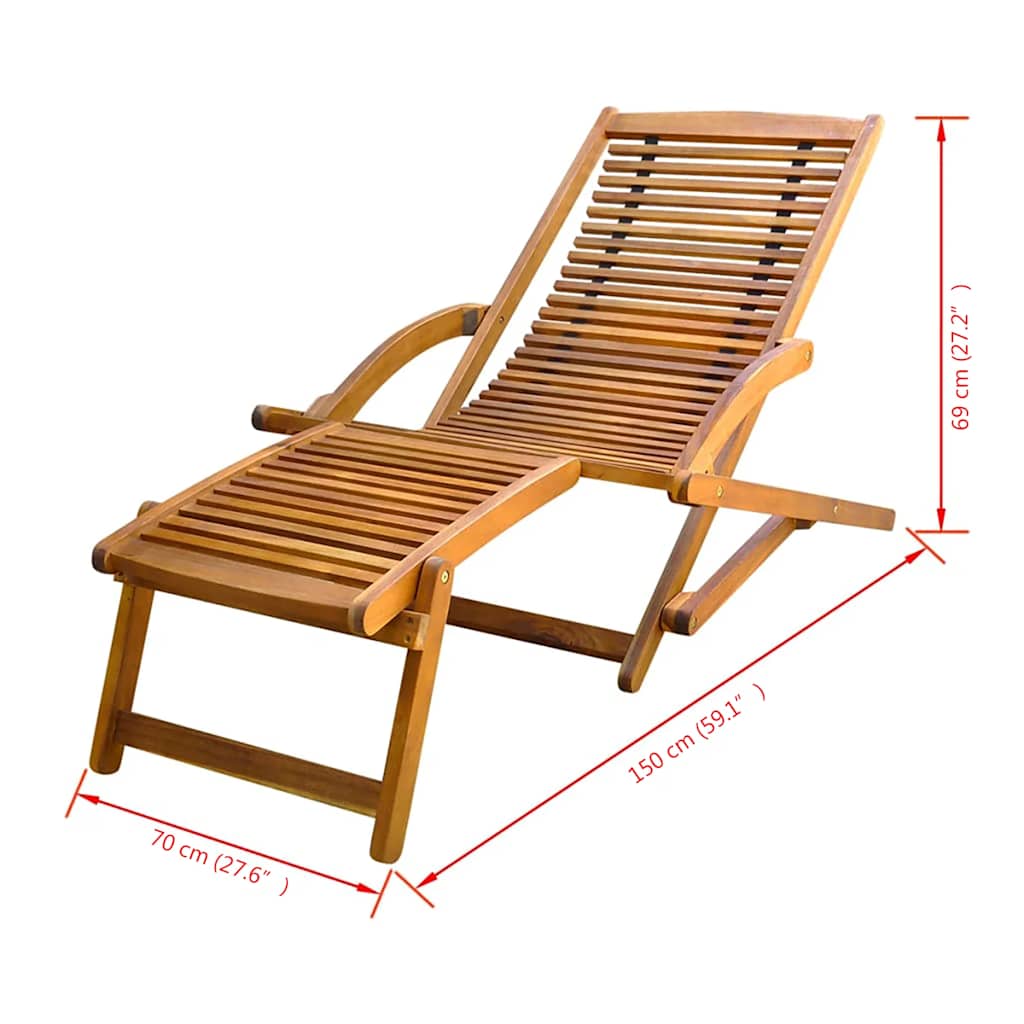 Sun lounger with footrests in solid acacia wood