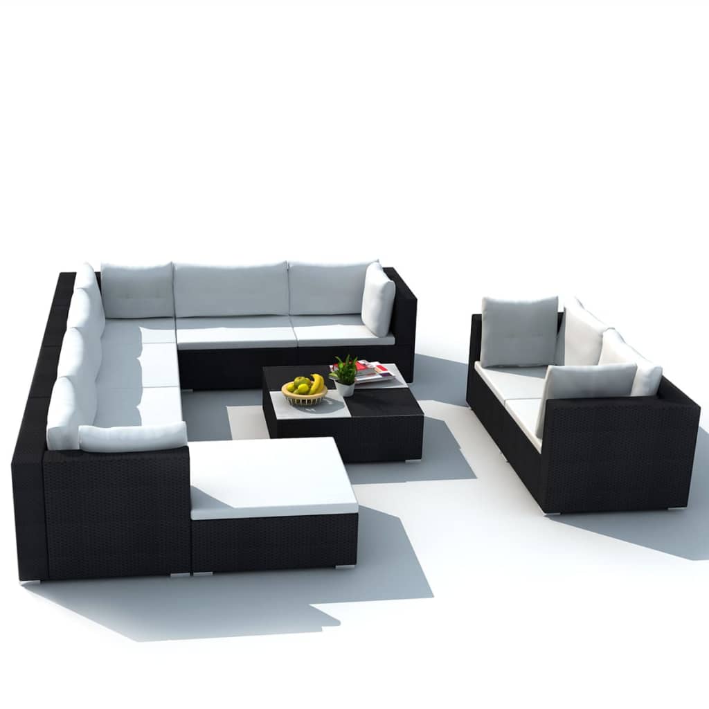 10 pcs conjunto lounge de jardim c/ almofadões vime PE preto