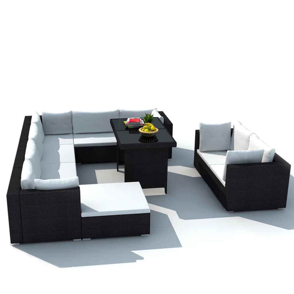 10 pcs conjunto lounge de jardim c/ almofadões vime PE preto