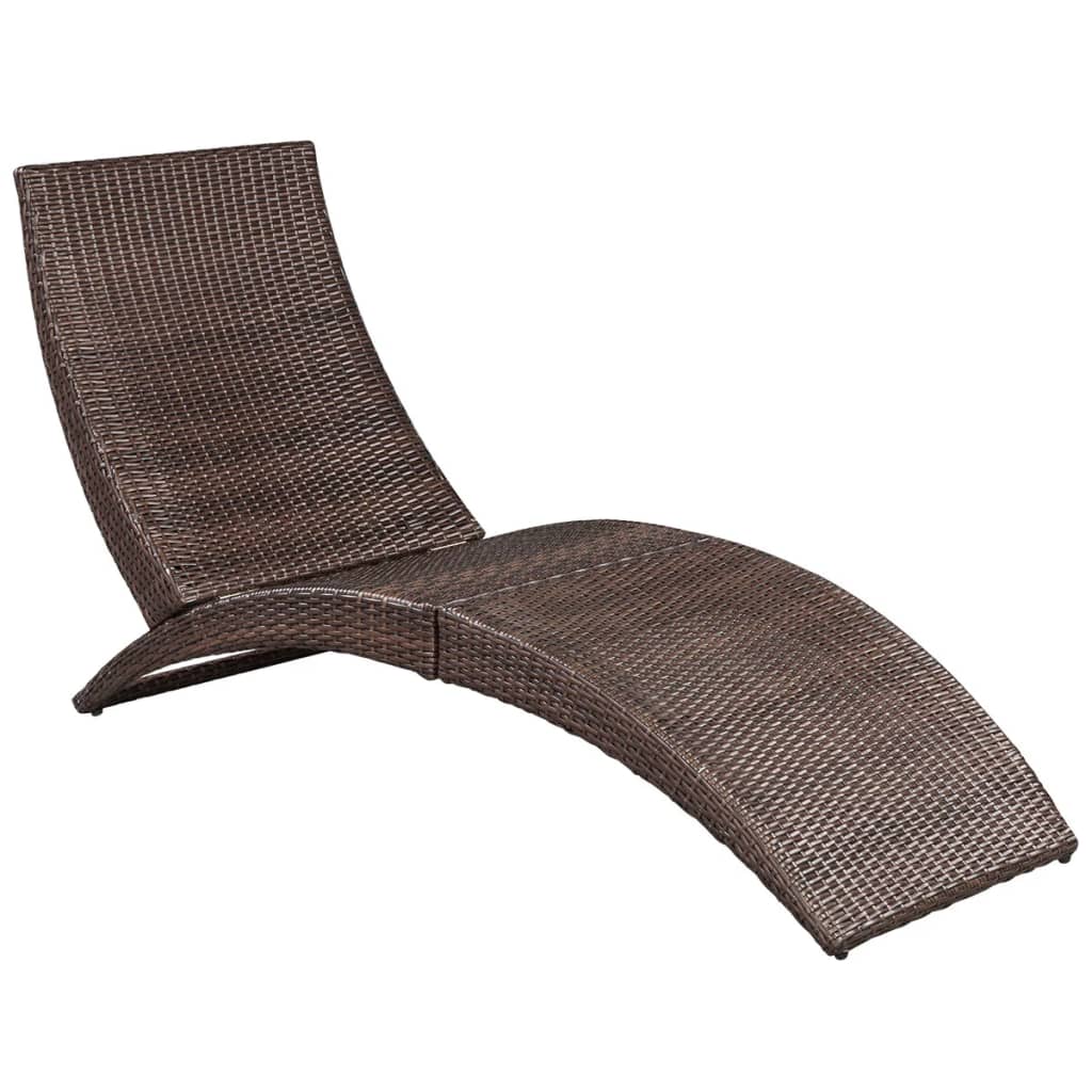 Folding sun lounger with cushion in brown PE rattan