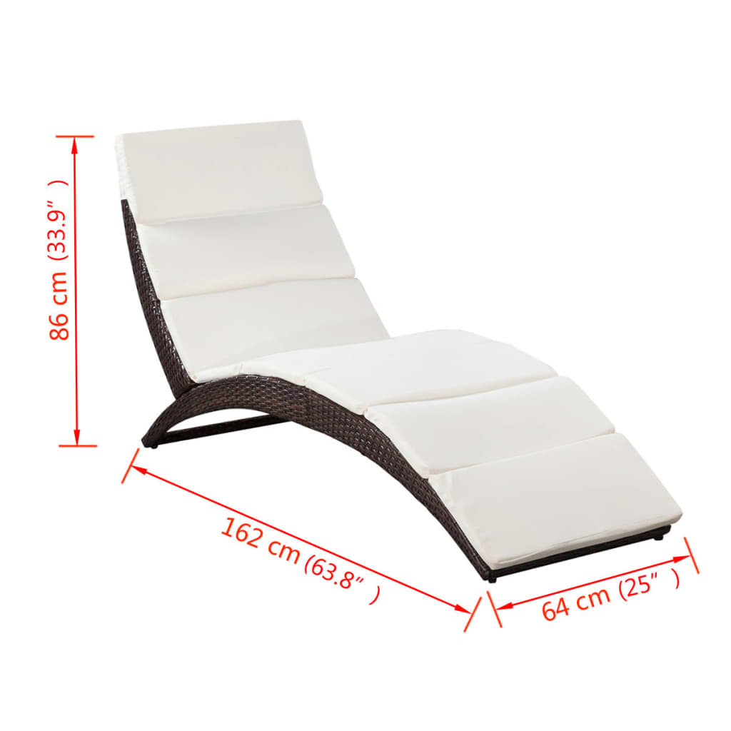 Folding sun lounger with cushion in brown PE rattan